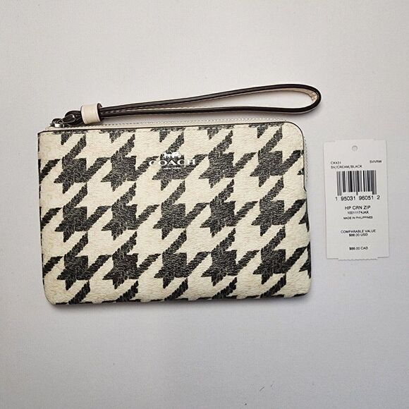 NWT Coach CK431 Corner Zip Wristlet with Houndstooth Print Cream/Black - Picture 1 of 3